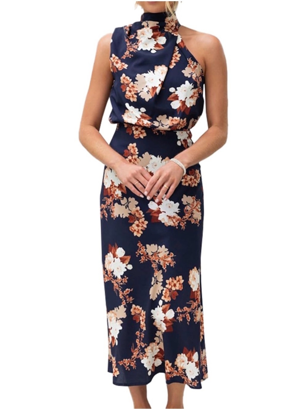 KIFOVEN Women's Satin Halter Neck Sleeveless Long Dress Navy Blue Size Large